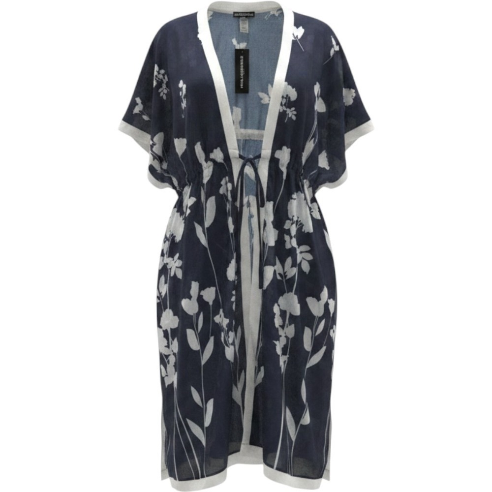 Women's Karl Lagerfeld Paris sheer Caften Cover-Up Navy Blue White Floral OS NWT